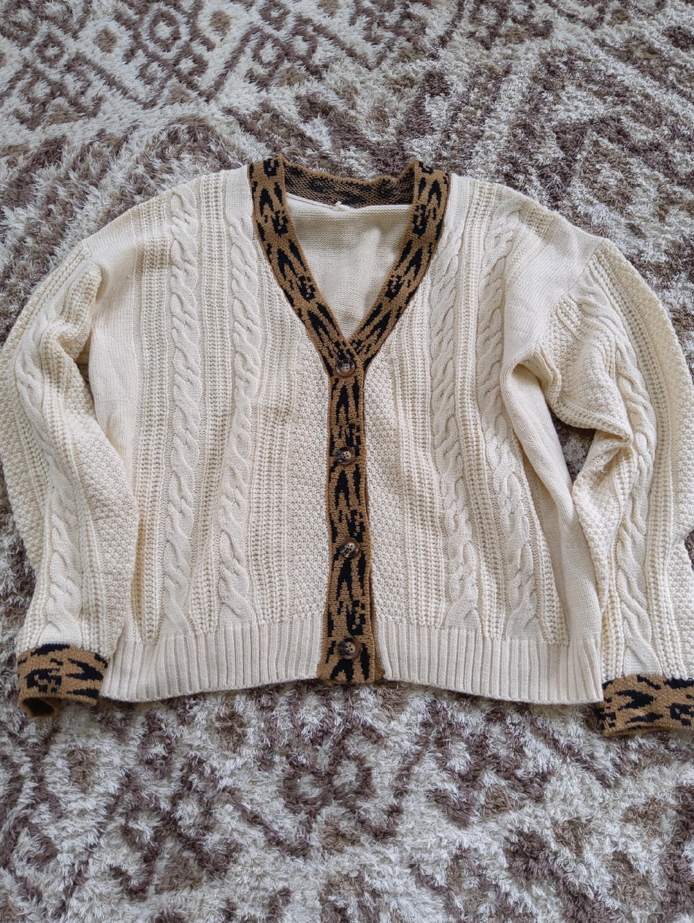 BiBi Cream Cable Knit Cardigan with Leopard-Trimmed Edges